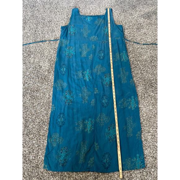 Boho Maxi Dress Plus Size 1X Blue Brocade Print Pure Silk Sleeveless Hippie Vtg - Picture 14 of 16
